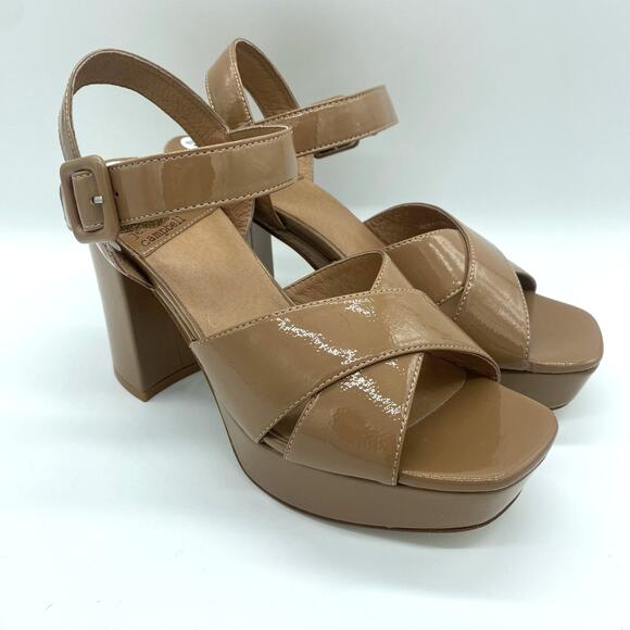 Jeffrey Campbell Women's size 7 Tan Patent Leather Strappy Chunky Platform Heel - Picture 1 of 9